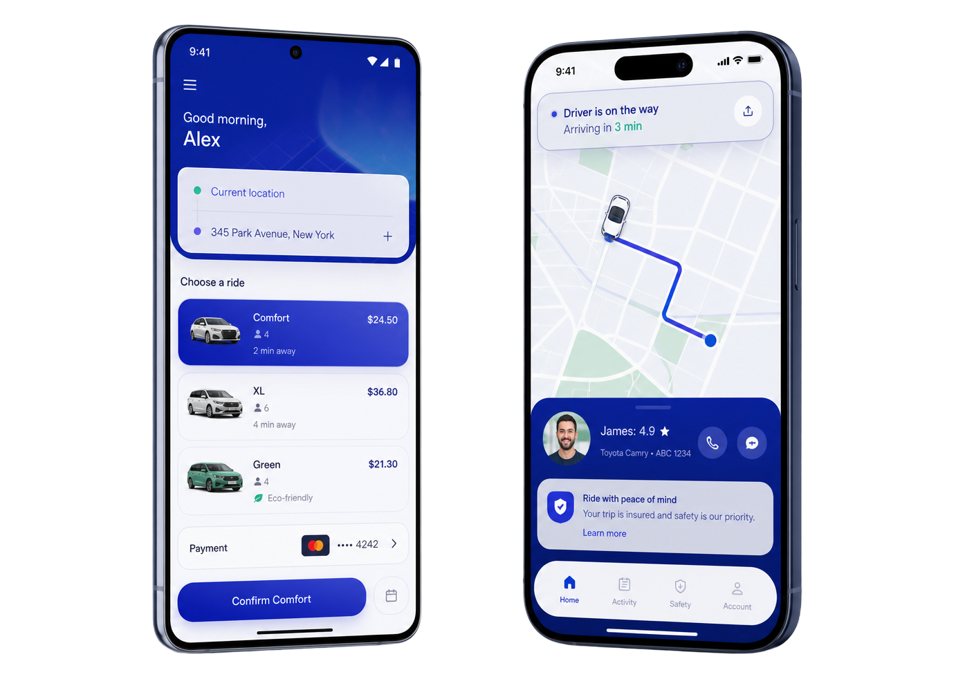 Prayanam mobile app on Android and iPhone showing booking and driver tracking