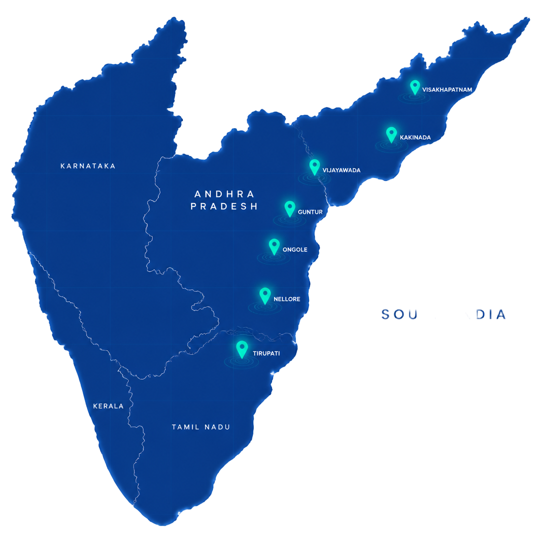 Map of Andhra Pradesh and South India showing Prayanam service cities